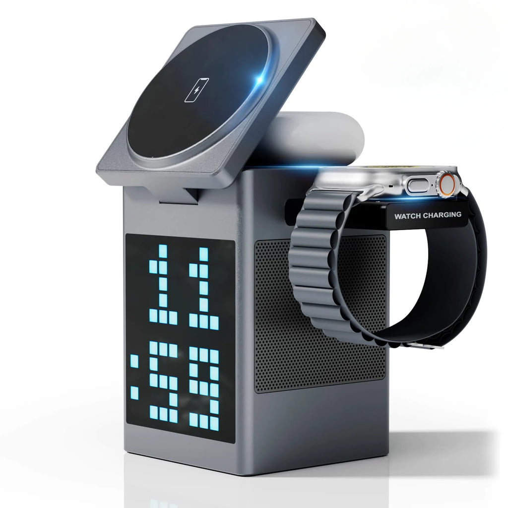 Smartwatch charging stand with digital clock display on a white background