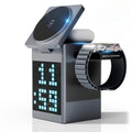 Smartwatch charging stand with digital clock display on a white background