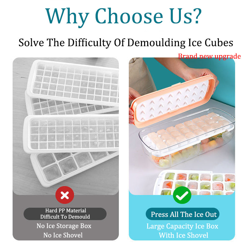 Ice cube tray with and without a storage box, highlighting features on a blue background.
