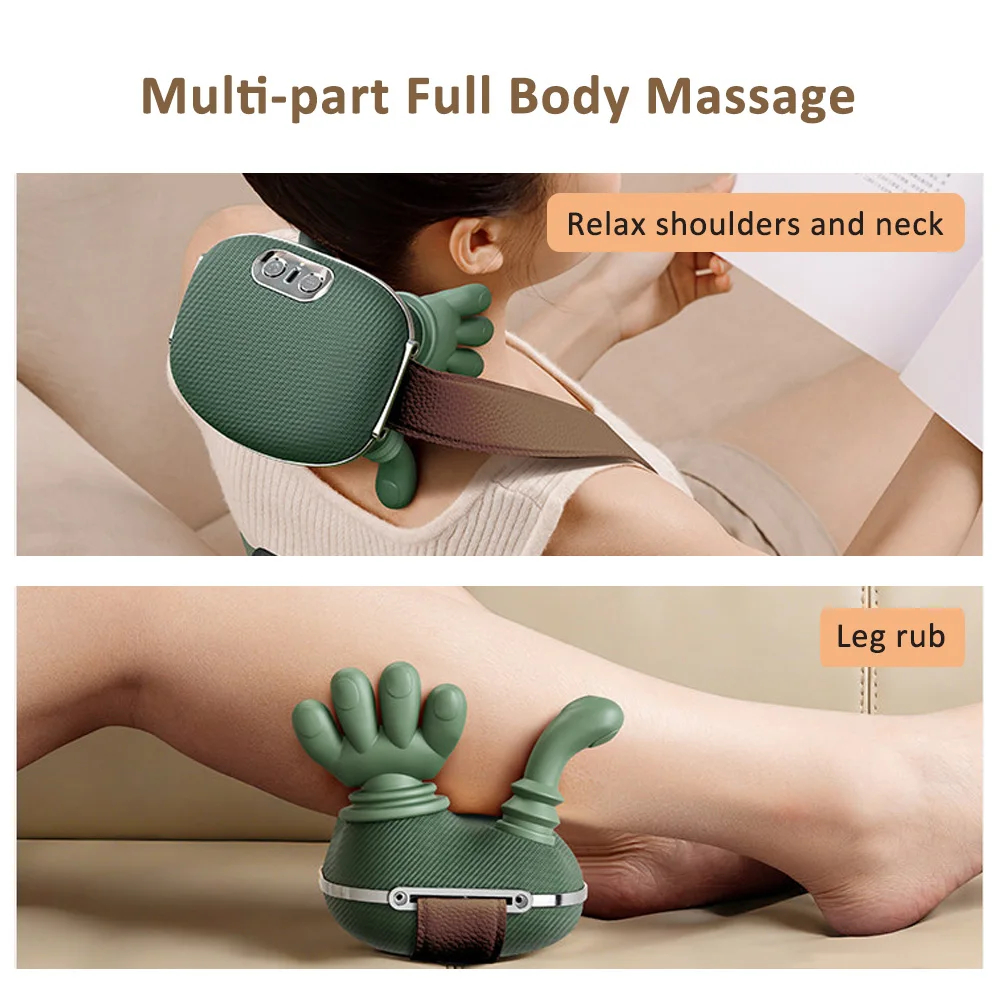 Green massage device being used on shoulders and legs with text indicating its use for full body massage.