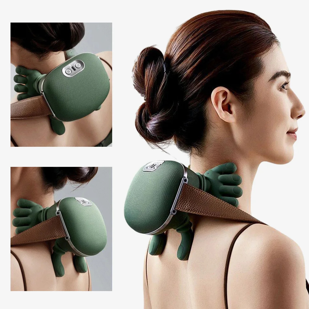 Green neck and shoulder massager worn by a person on a white background