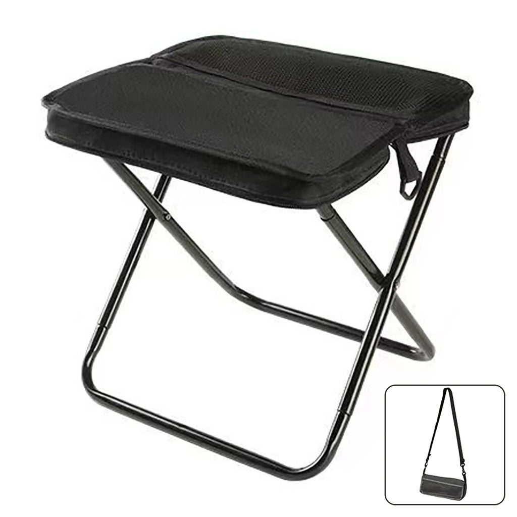 Black folding stool with a small inset image of the folded stool.