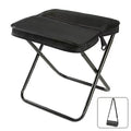 Black folding stool with a small inset image of the folded stool.