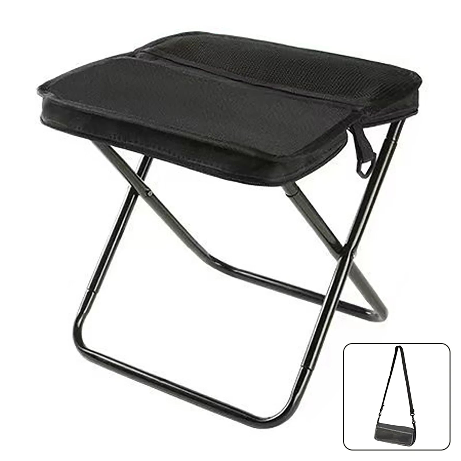 Black folding stool with a small inset image of the folded stool.