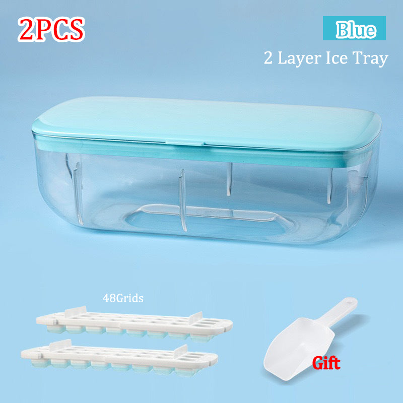 2-layer ice tray with lids, grids, and a scoop on a blue background