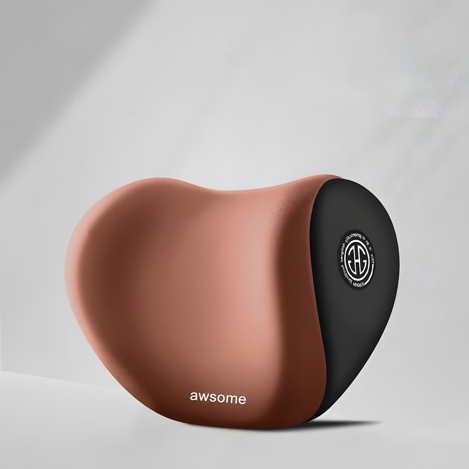 A heart-shaped ergonomic massager in a matte rose gold color with a black side panel, featuring the 'awsome' brand name and a circular logo, set against a clean light gray background.