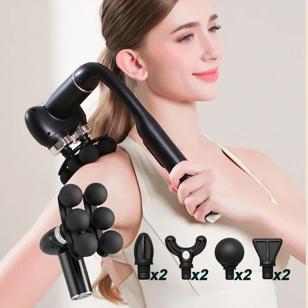 Woman using a black handheld massager on her shoulder with attachments displayed below.
