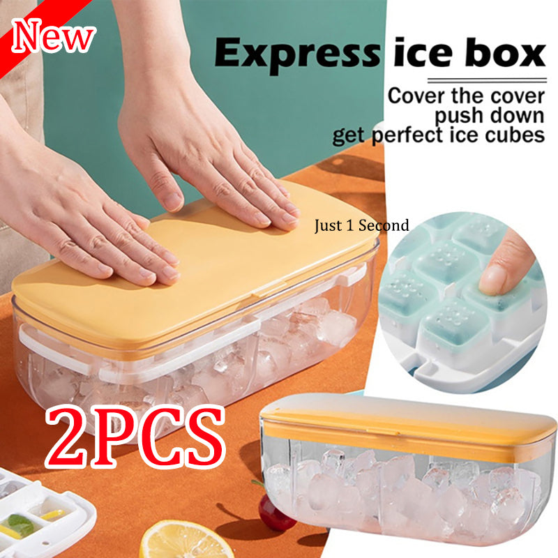 Ice cube maker with instructions and ice cubes on a wooden surface
