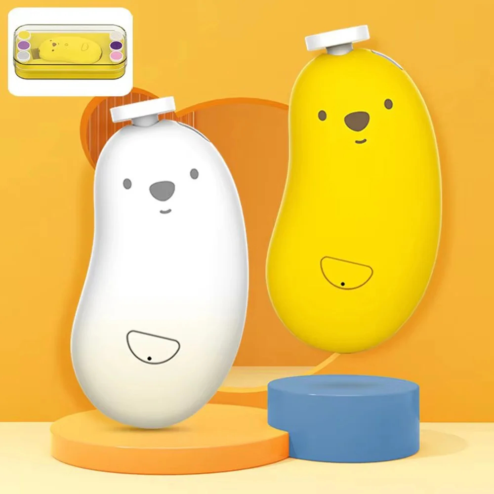 Two bean-shaped portable power banks with cartoon animal face designs, one white and one yellow, displayed on matching orange and blue pedestals against a warm orange background. A small inset image in the top-left corner shows the product's charging port.