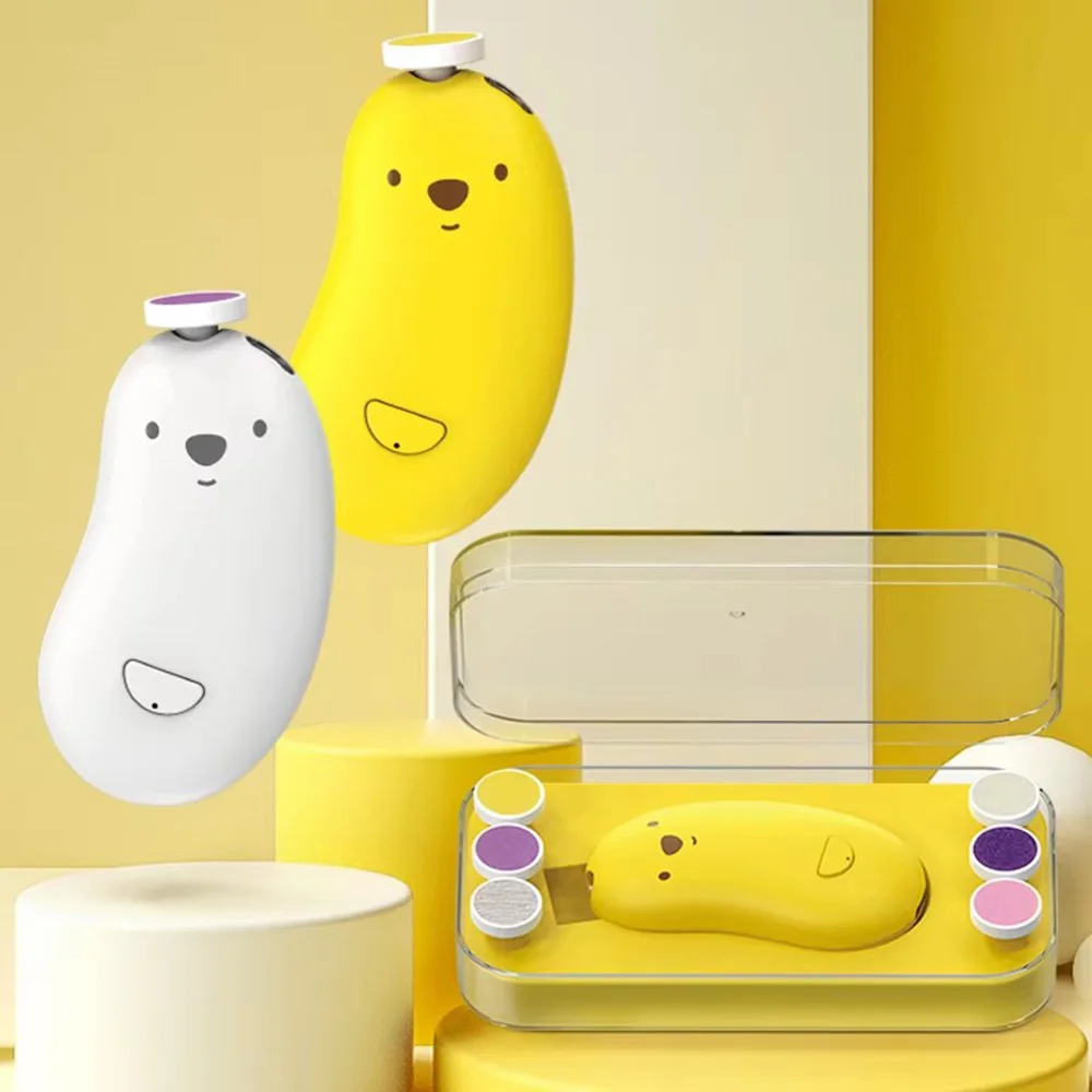 A cute, cartoon-style personal care set featuring two bean-shaped devices, one white and one yellow, with matching accessories in a clear case on a yellow and cream background.