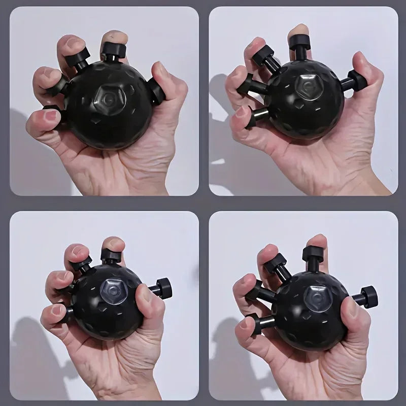 Black handheld device held in a hand against a light gray background
