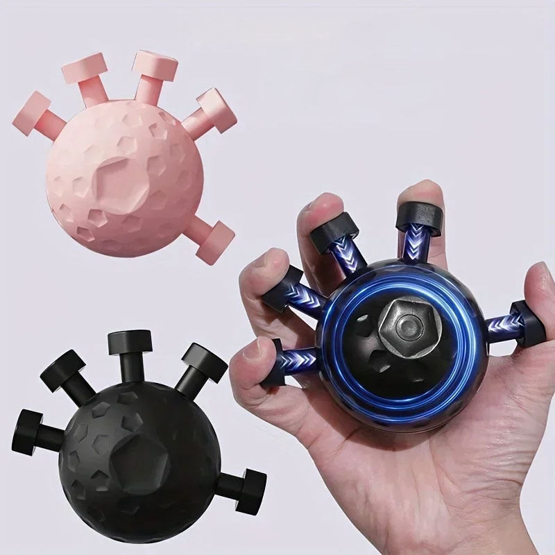 Hand holding a blue and black finger exerciser with pink and black virus-shaped objects on a white background