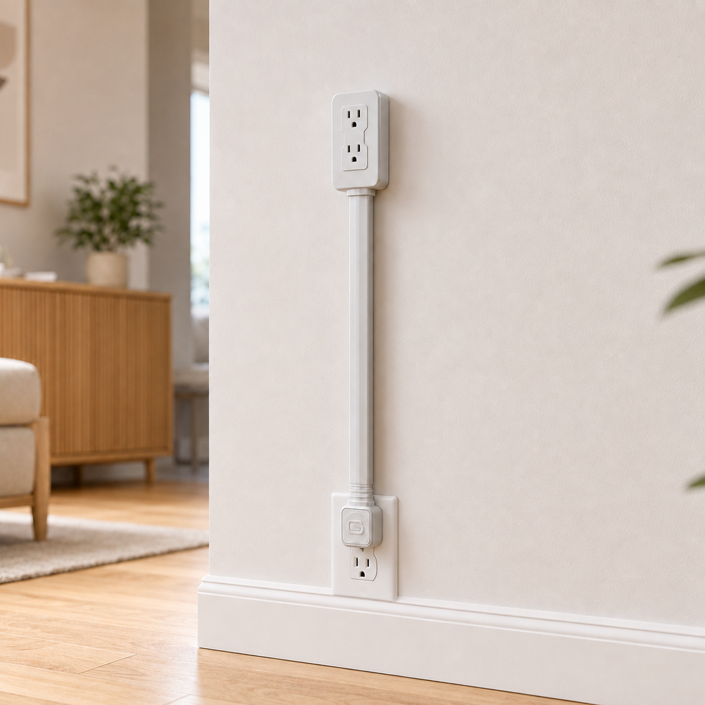 A white vertical outlet extension cord with two wall outlets connected at the top and bottom, shown mounted on a beige wall in a modern living room setting.