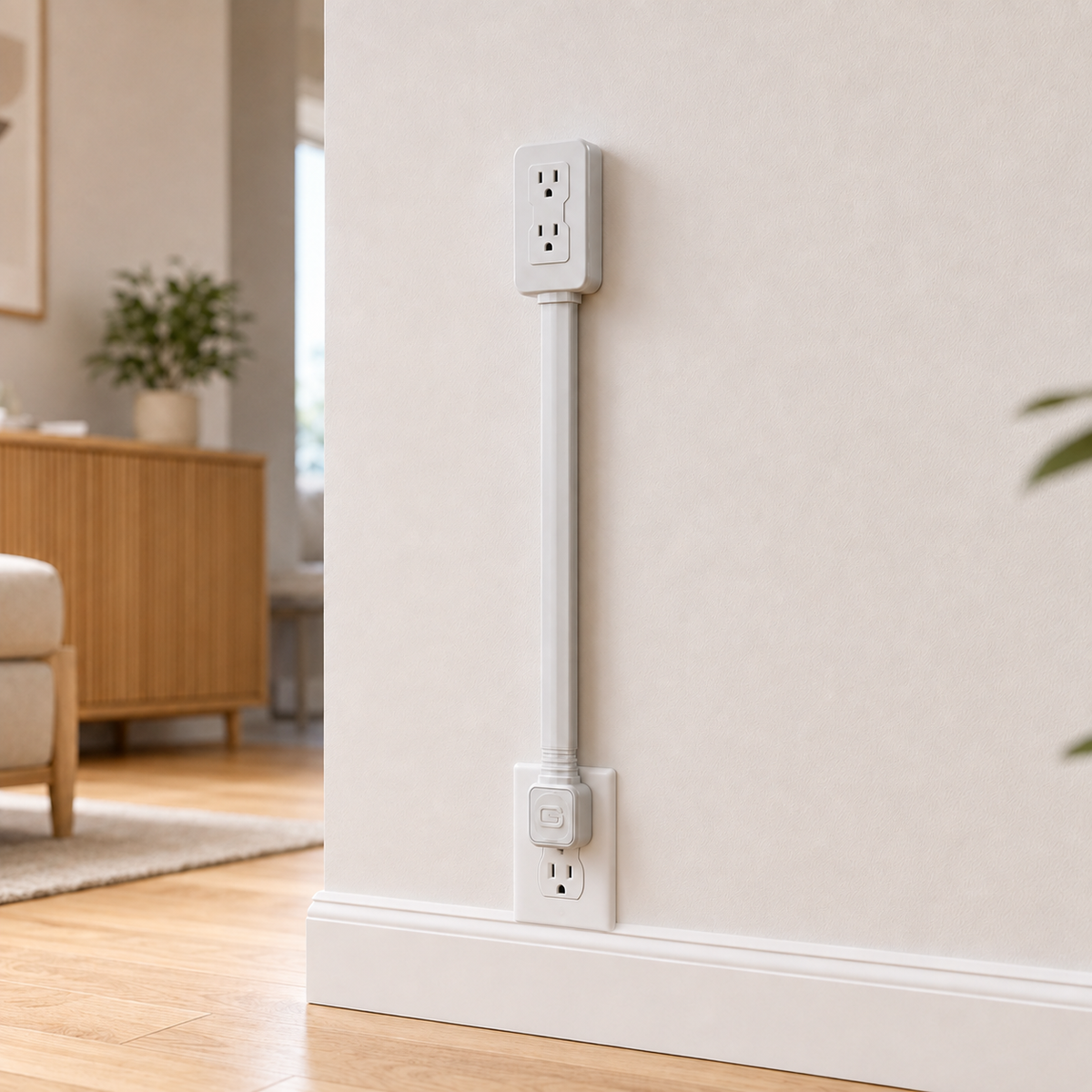 A white vertical outlet extension cord with two wall outlets connected at the top and bottom, shown mounted on a beige wall in a modern living room setting.