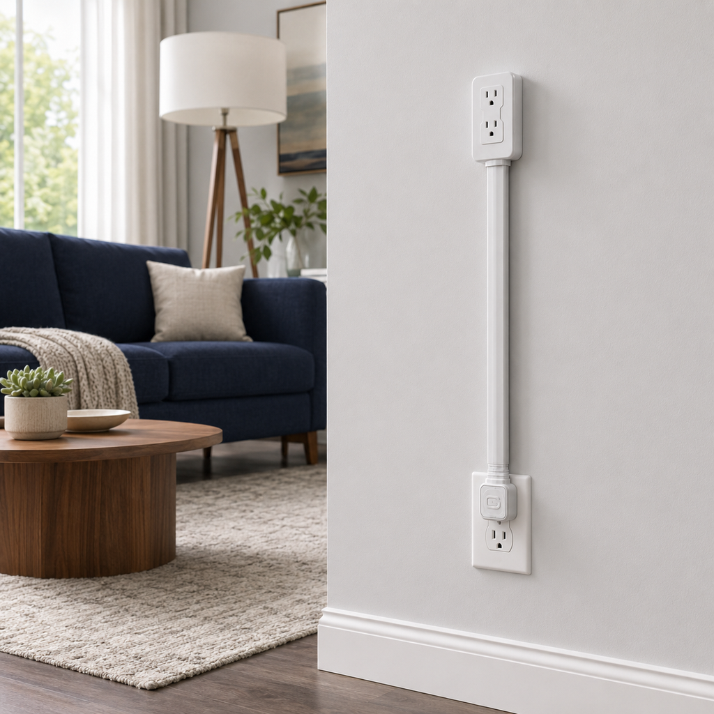 A white electrical outlet extension cord mounted on a light gray wall in a modern living room setting, connecting a lower outlet to a higher outlet above a blue sofa.