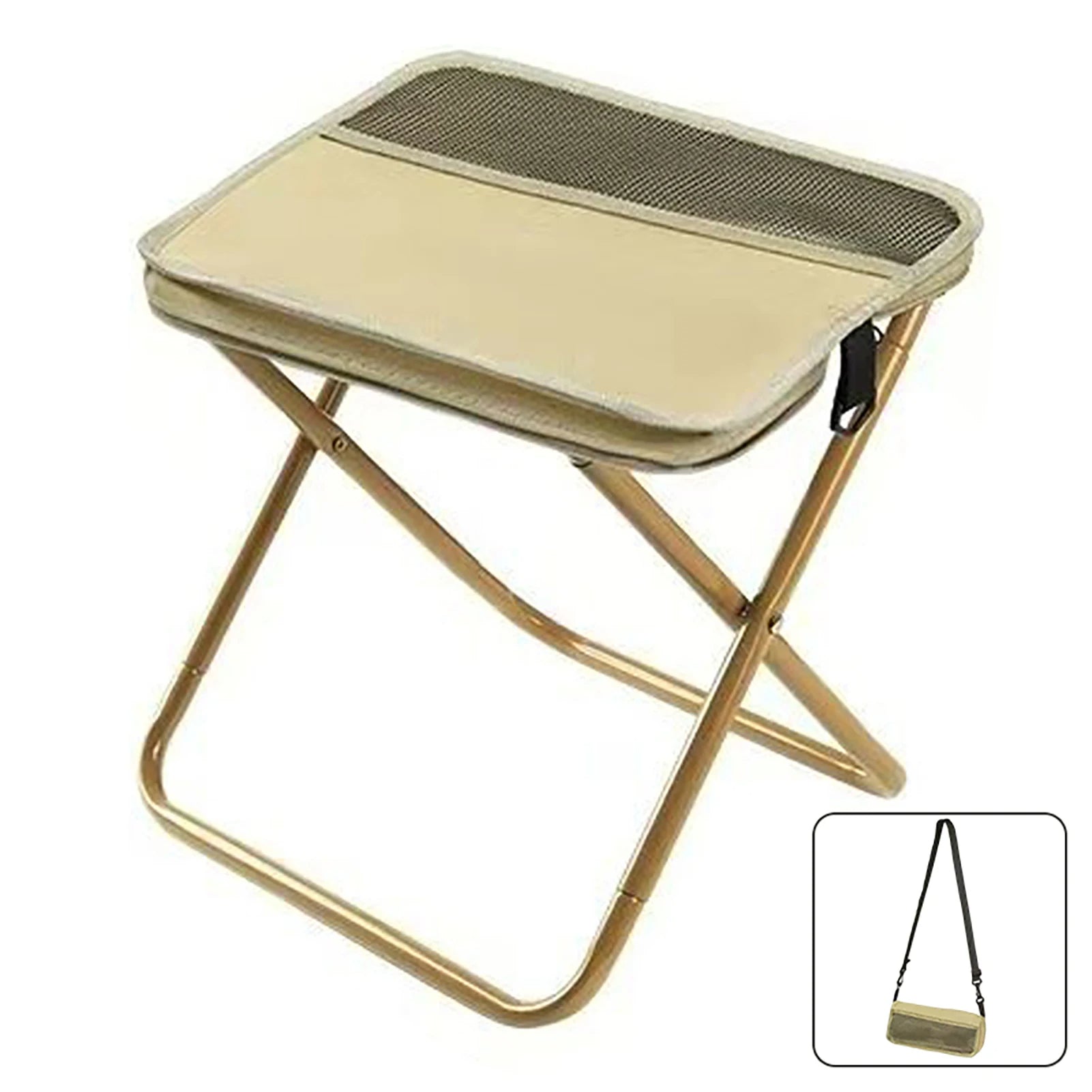Beige folding stool with mesh back on a white background