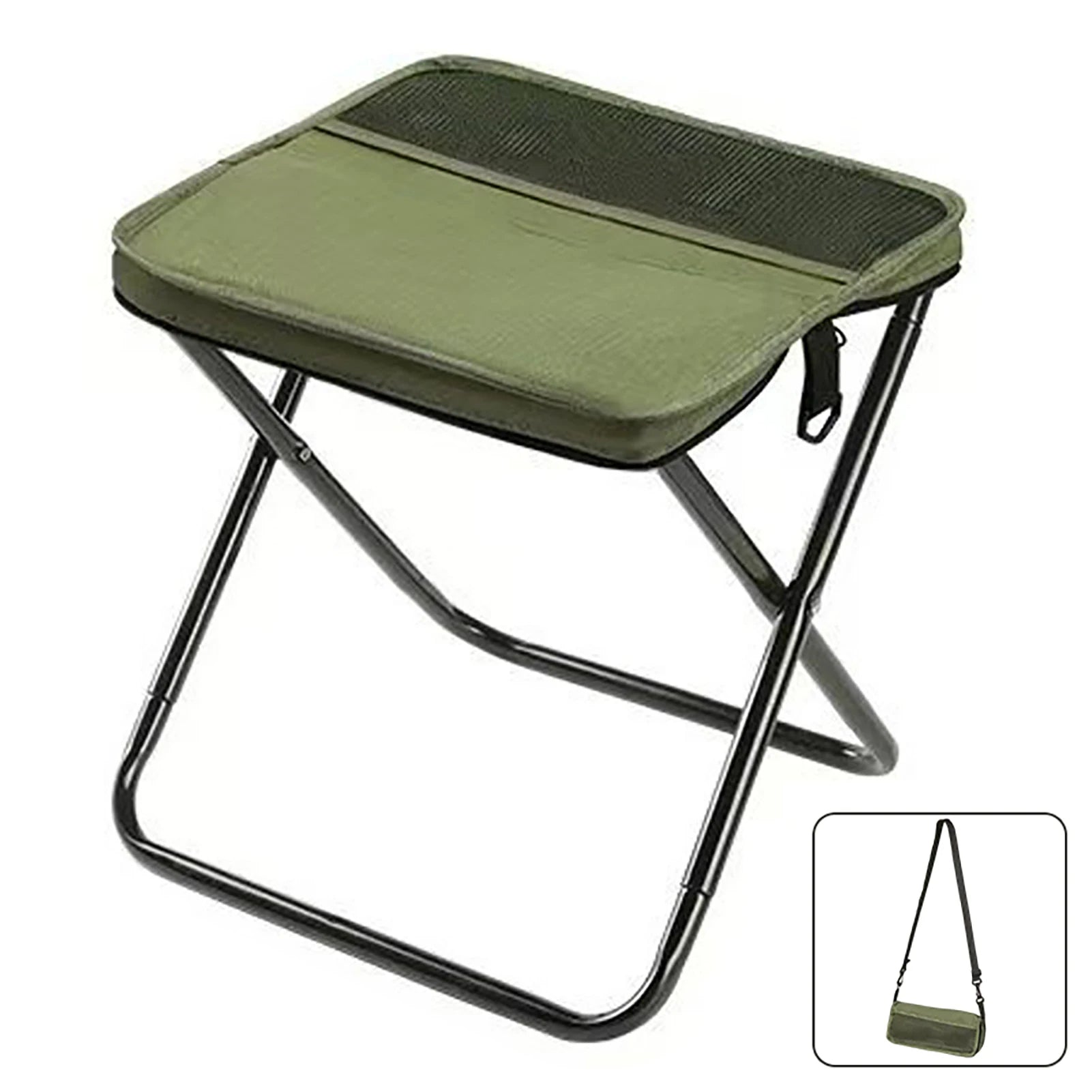Green folding stool with black frame on a white background