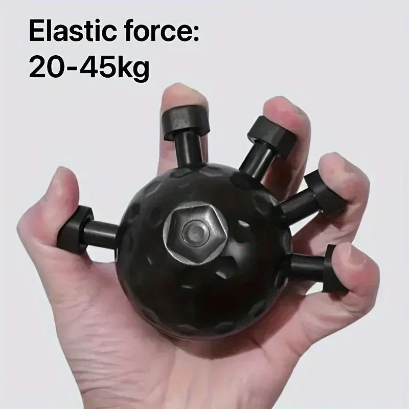 Black handheld device with text indicating elastic force range held in a hand against a white background