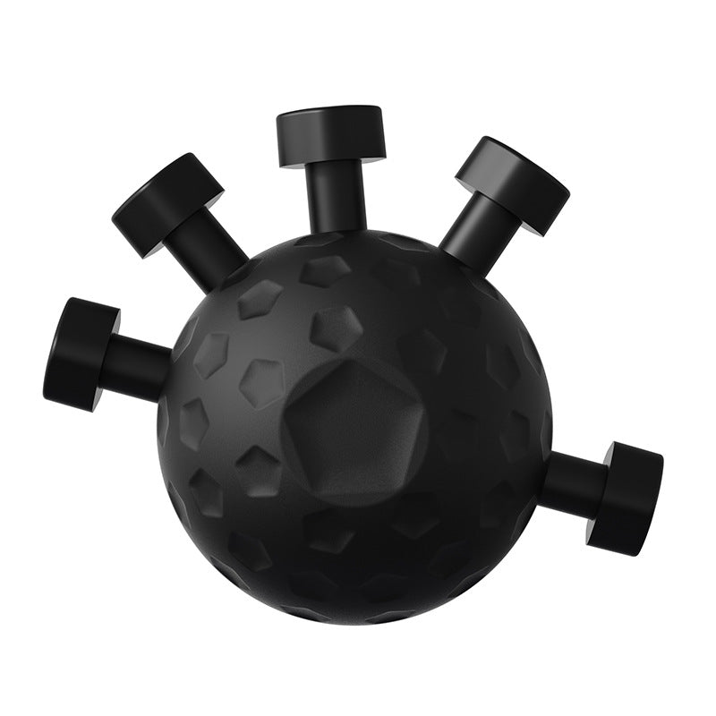 Black textured ball with protruding cylindrical handles on a white background