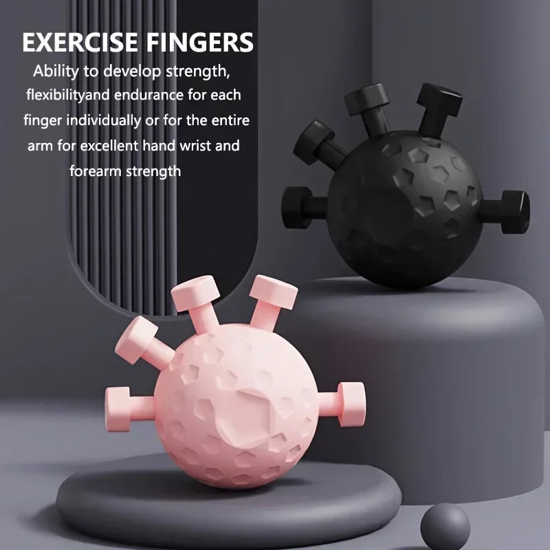 Pink and black finger exercise device on a gray platform with text about finger exercise benefits.