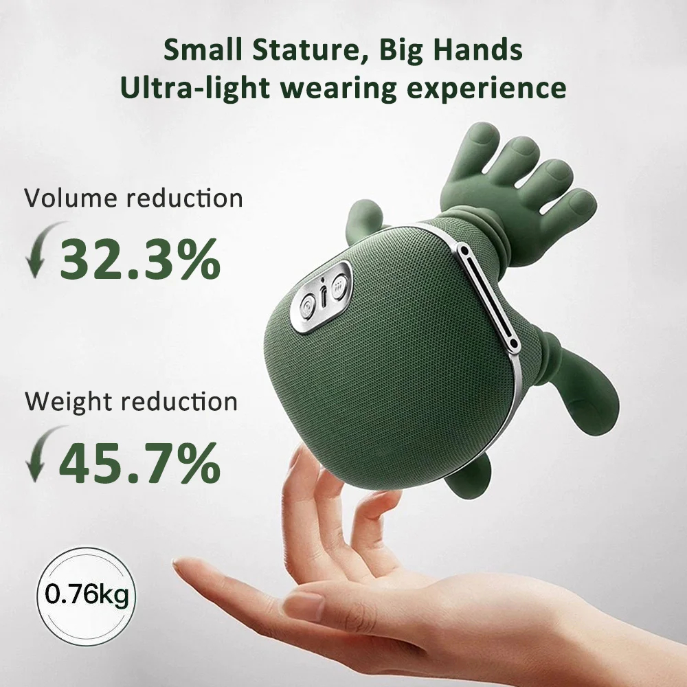 Green speaker with text about volume and weight reduction on a light gray background