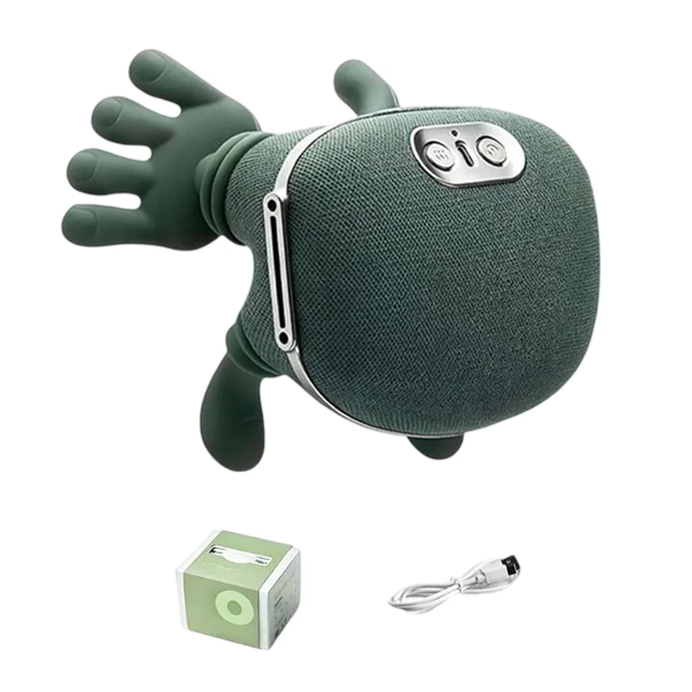 Green portable speaker with hand-like design, packaging, and USB cable on a white background