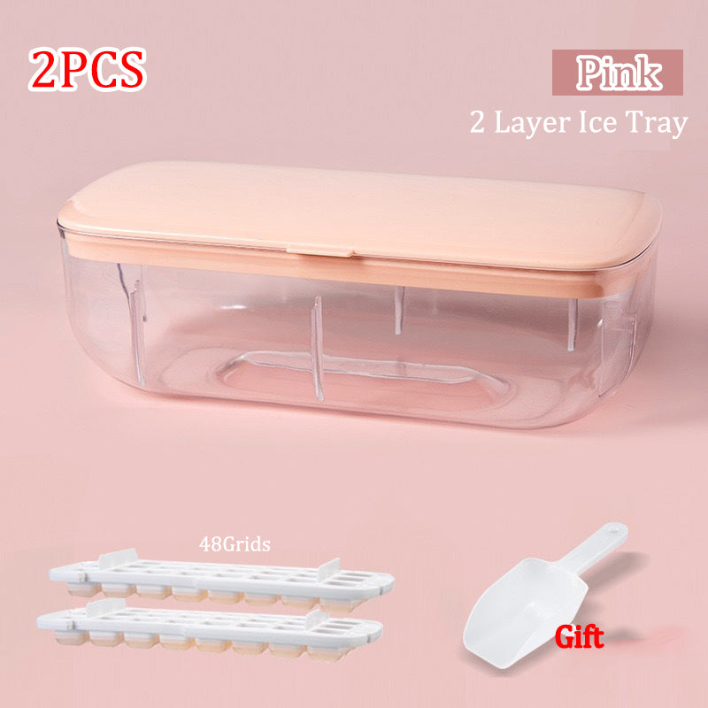 Pink two-layer ice tray set with additional components on a pink background
