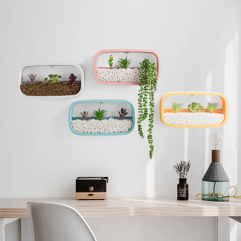 Wall-mounted planters in various colors with plants inside, placed on a white wall above a desk.