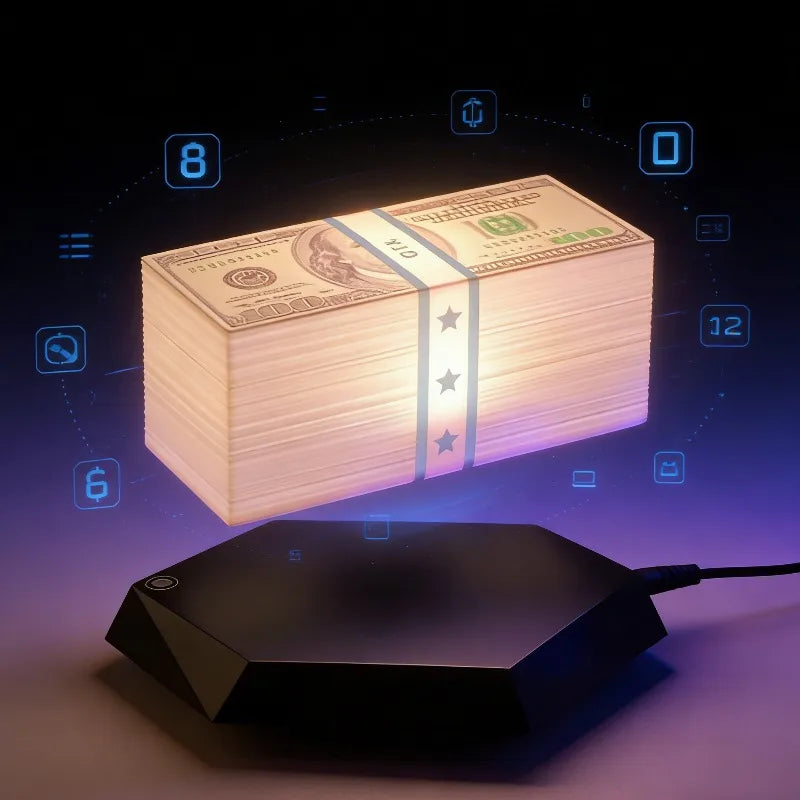 Magnetic floating money lamp with levitating cash design