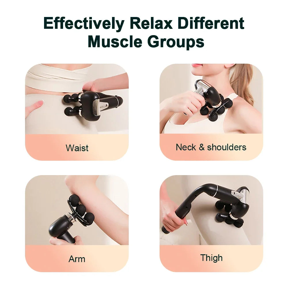 Massage tool being used on different body parts with text indicating effectiveness.