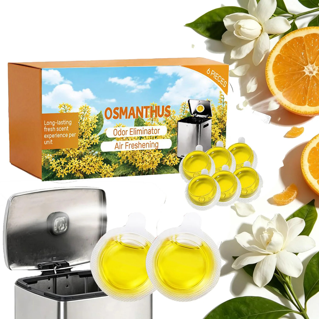 Osmanthus odor eliminator air freshener kit with a brown and orange box, six yellow gel capsules, an open stainless steel dispenser, and decorative white flowers and orange slices on a white background.