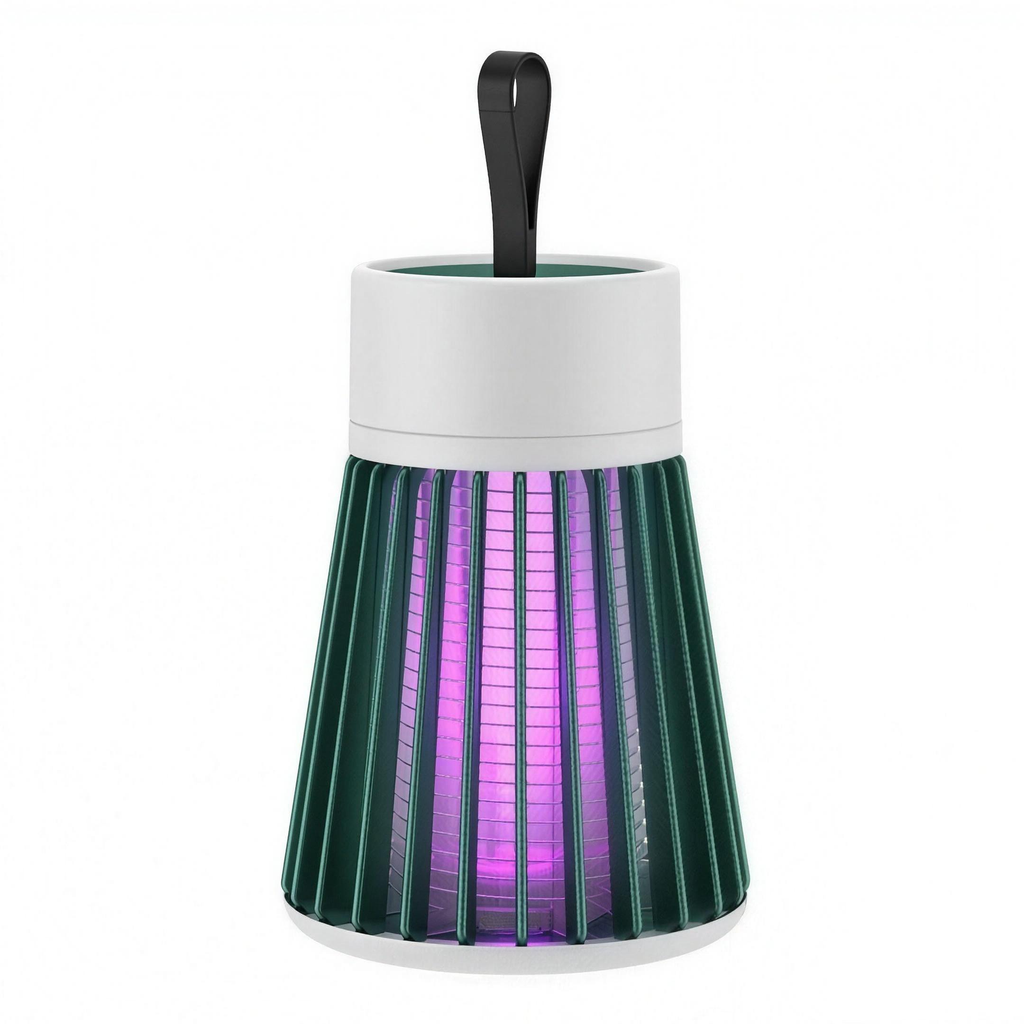 Portable lamp with pleated design and purple light on a white background