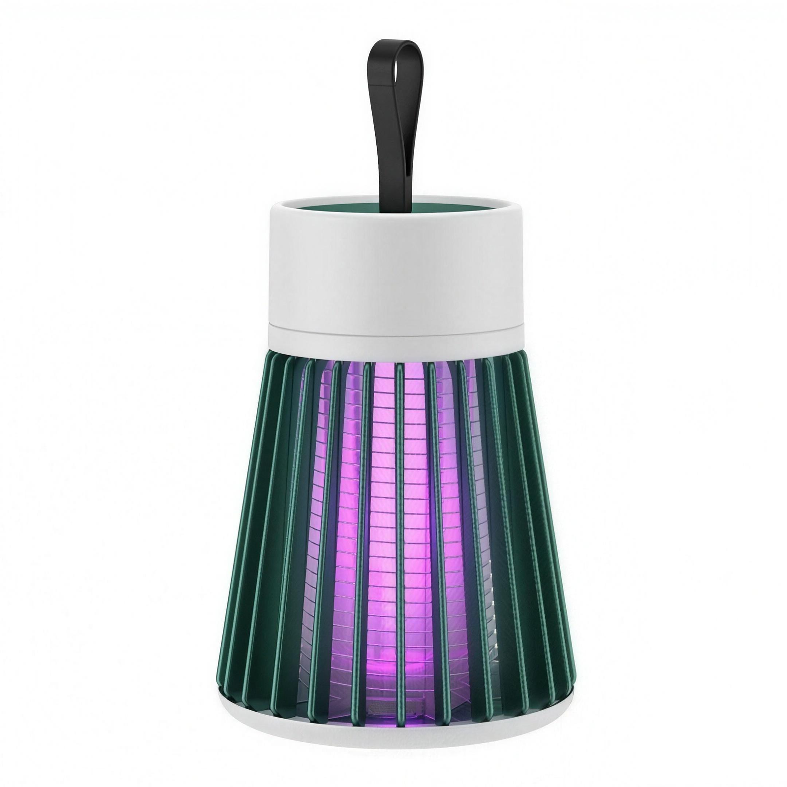 Portable lamp with pleated design and purple light on a white background