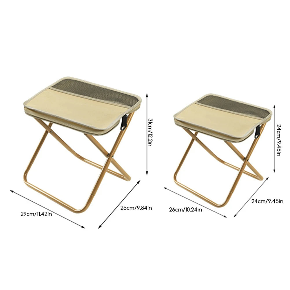 Two folding stools with dimensions labeled on a white background