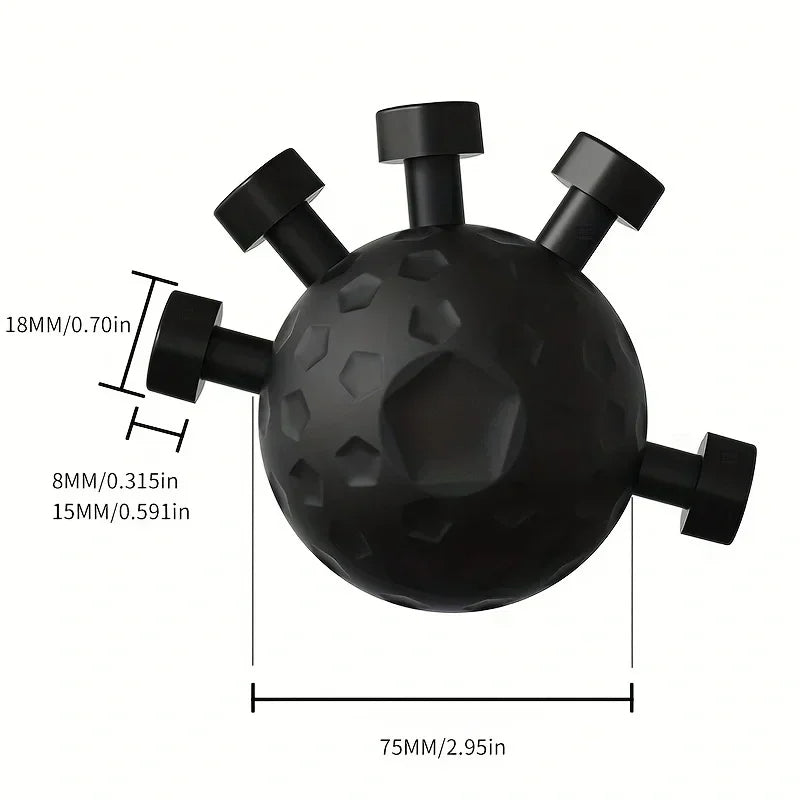 Black textured ball with six protruding handles and measurements on a white background