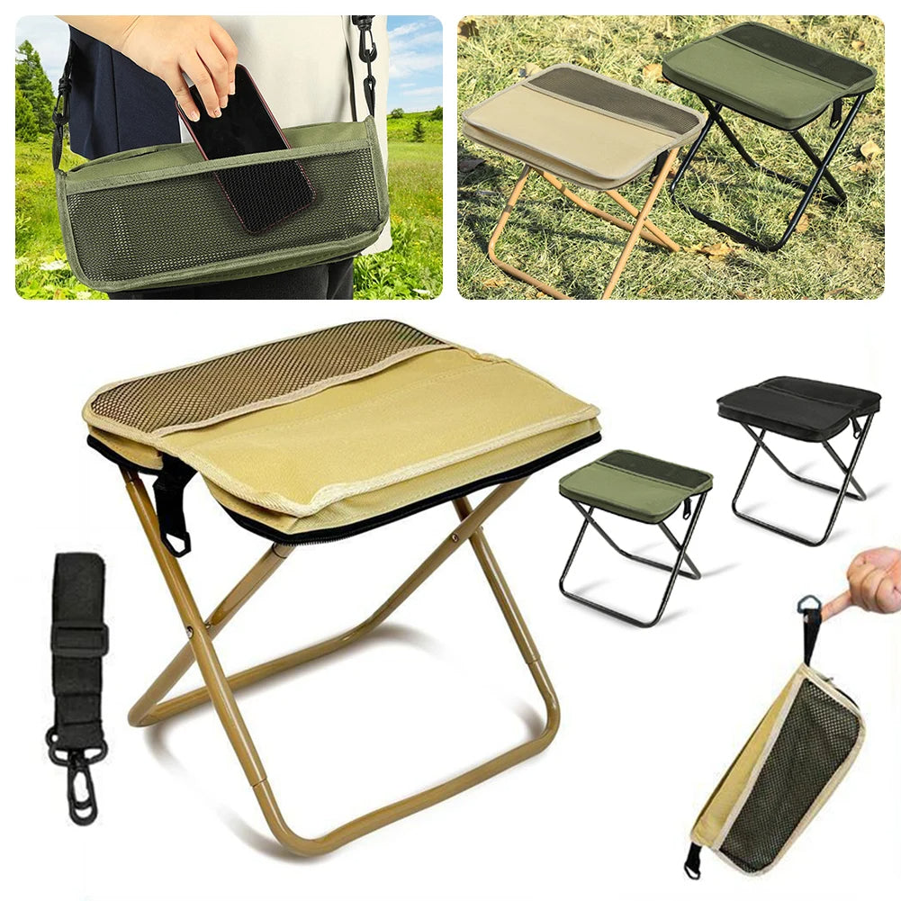 Collage of a folding camping table with carrying case, shown in various angles.