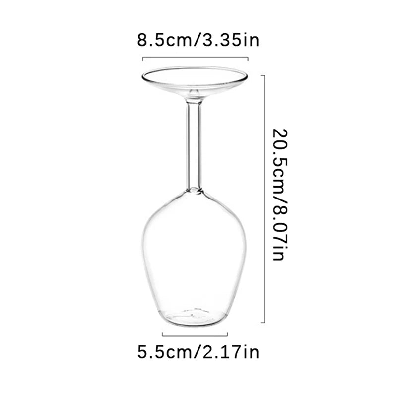 Clear glass wine glass with dimensions labeled on a white background