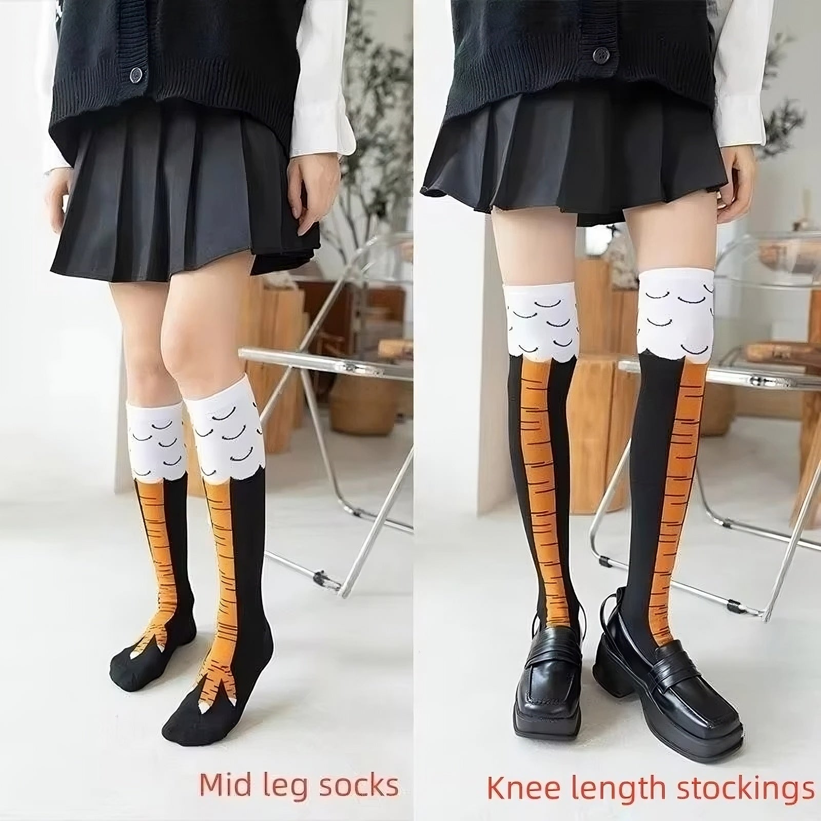 Comparison of mid-leg socks and knee-length stockings worn with a school uniform.