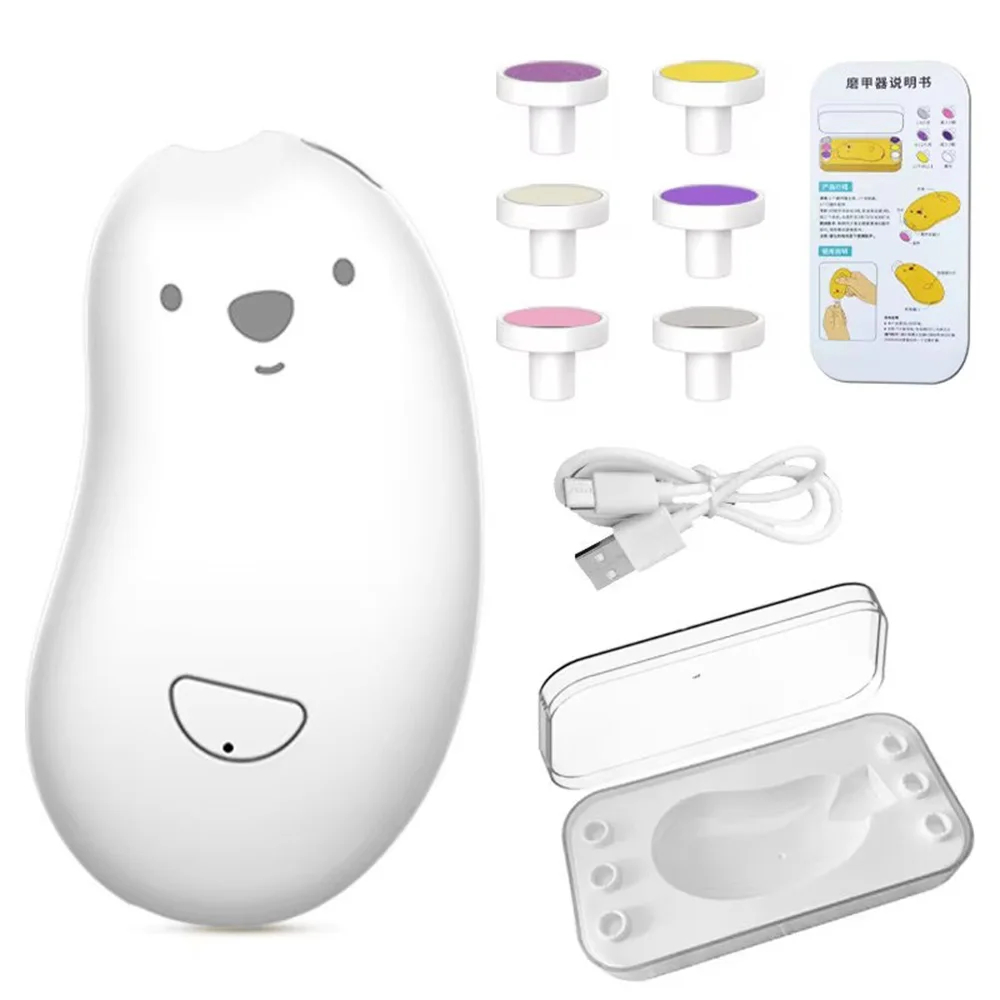 White electronic device with cartoon face, charging cable, and colorful nozzles on a white background