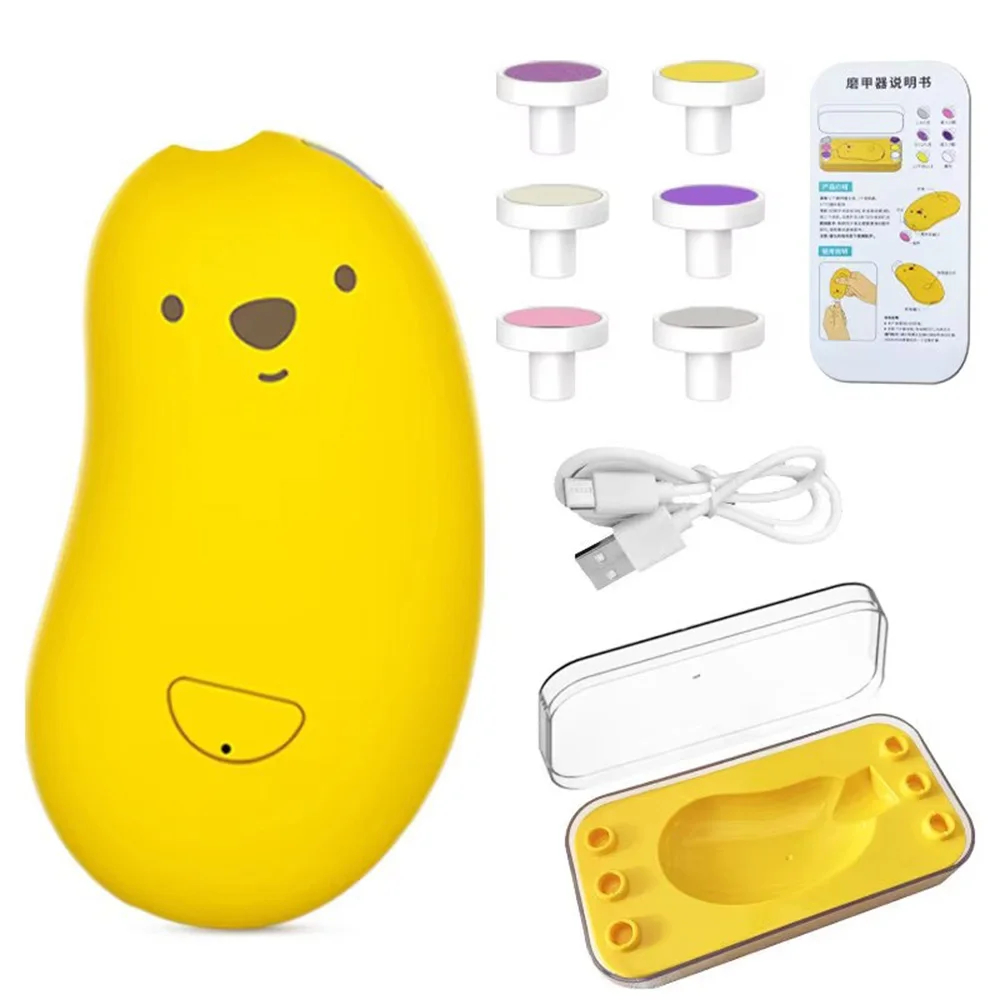 A yellow bean-shaped personal massager with a cartoon face, shown with six interchangeable head attachments, a USB charging cable, a small instruction booklet, and a clear storage case on a white background.