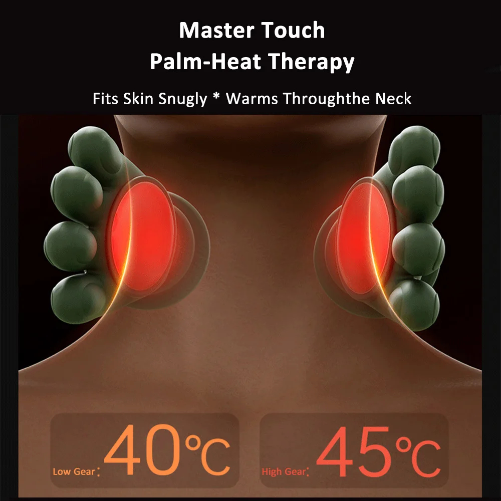 Promotional graphic for a neck and shoulder massage device labeled 'Master Touch Palm-Heat Therapy,' showing two green rounded massage heads pressing into the neck with red heat indicators and temperature text reading 40°C and 45°C.