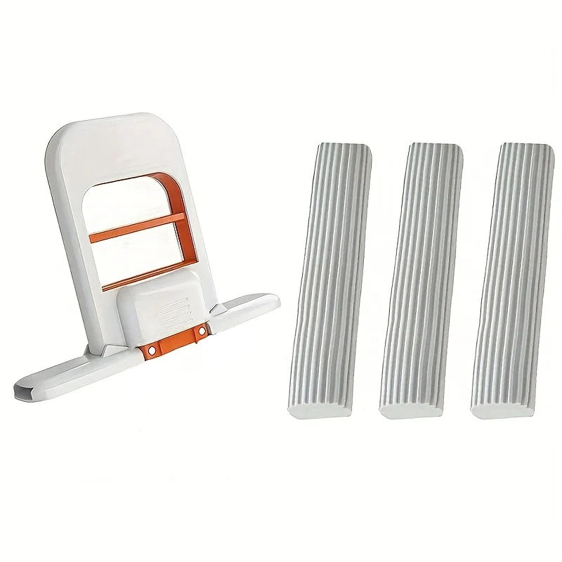 White and orange kitchen tool with three silver metal blades on a white background