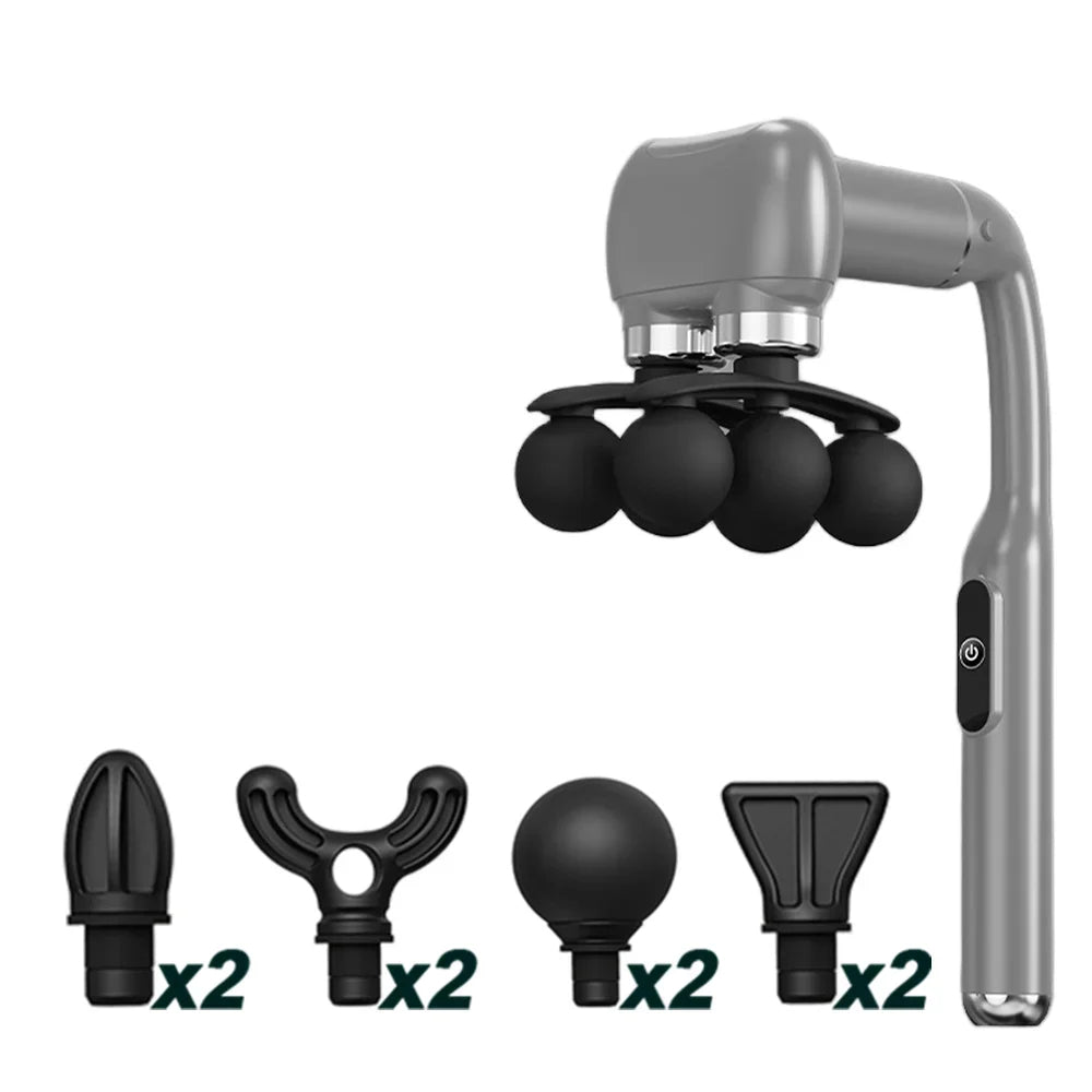 Handheld massage device with various attachments on a white background