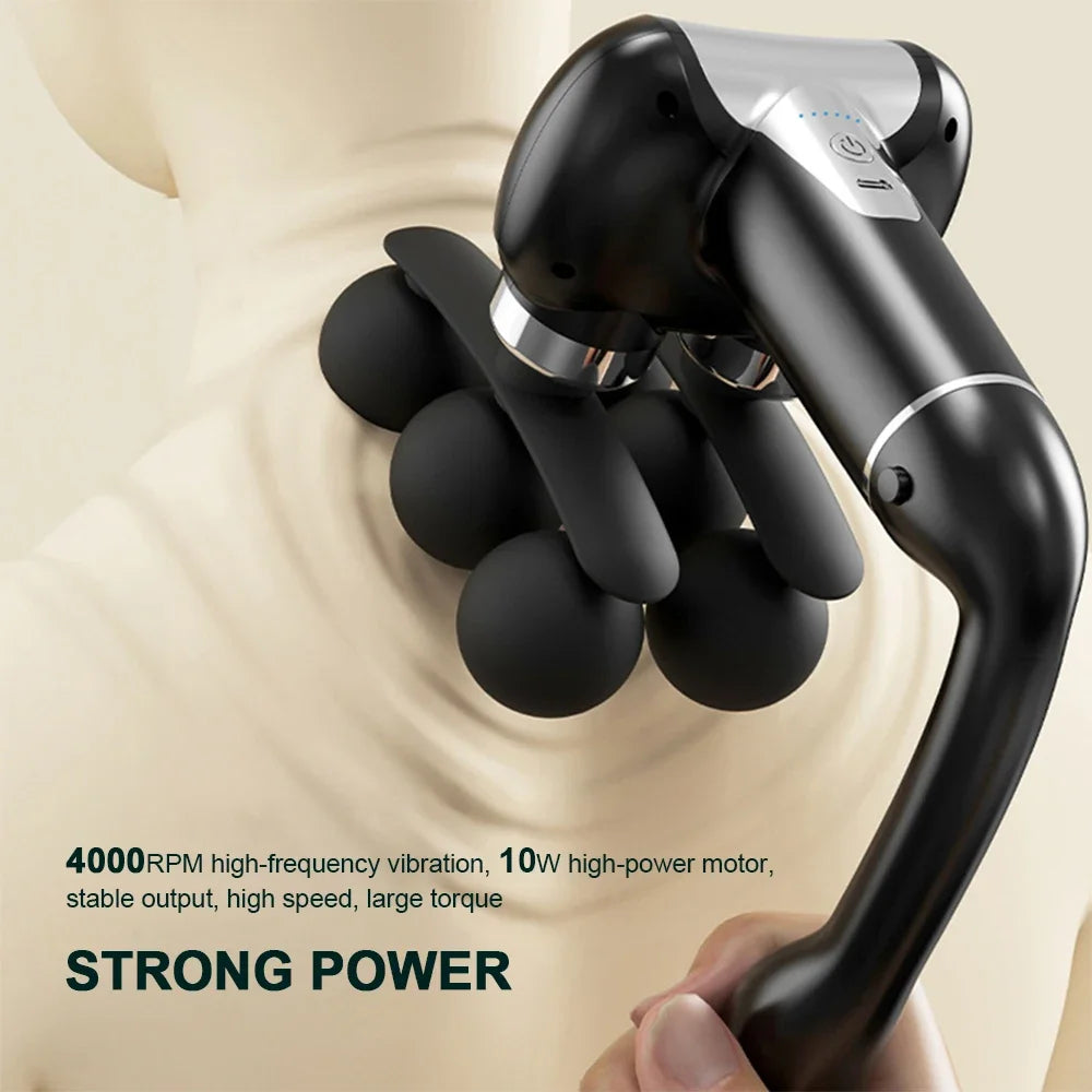 Handheld massager being used on a person's back with text highlighting features.