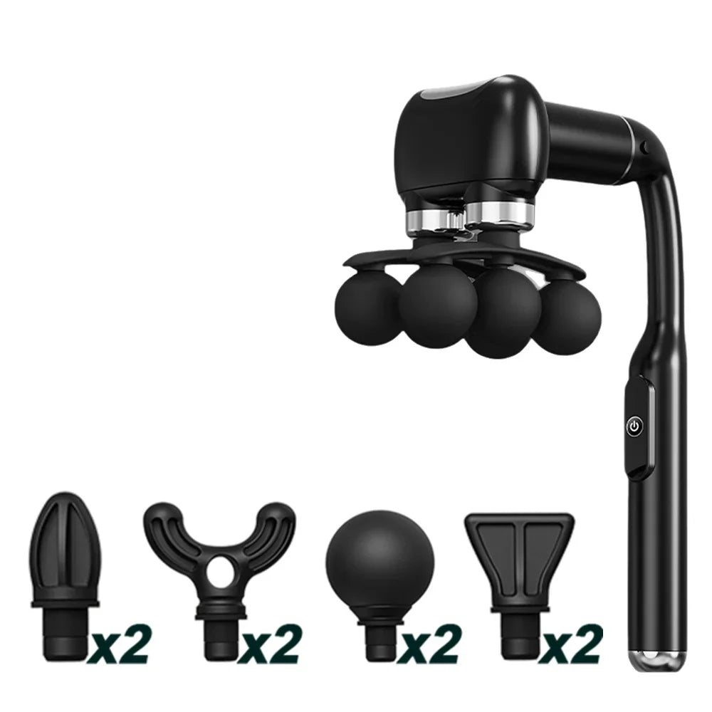 Black handheld massager with interchangeable heads on a white background