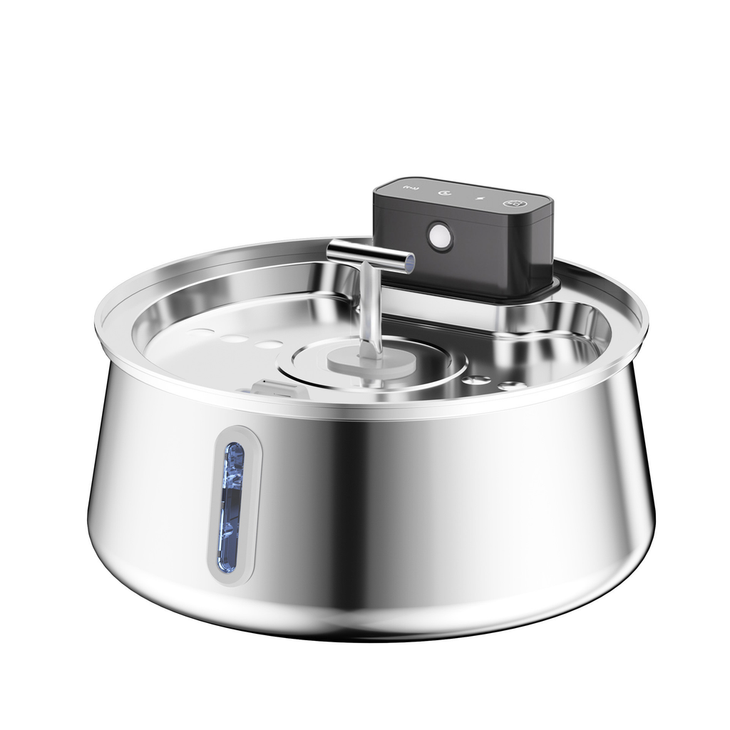 Stainless steel cat fountain with visible water level window