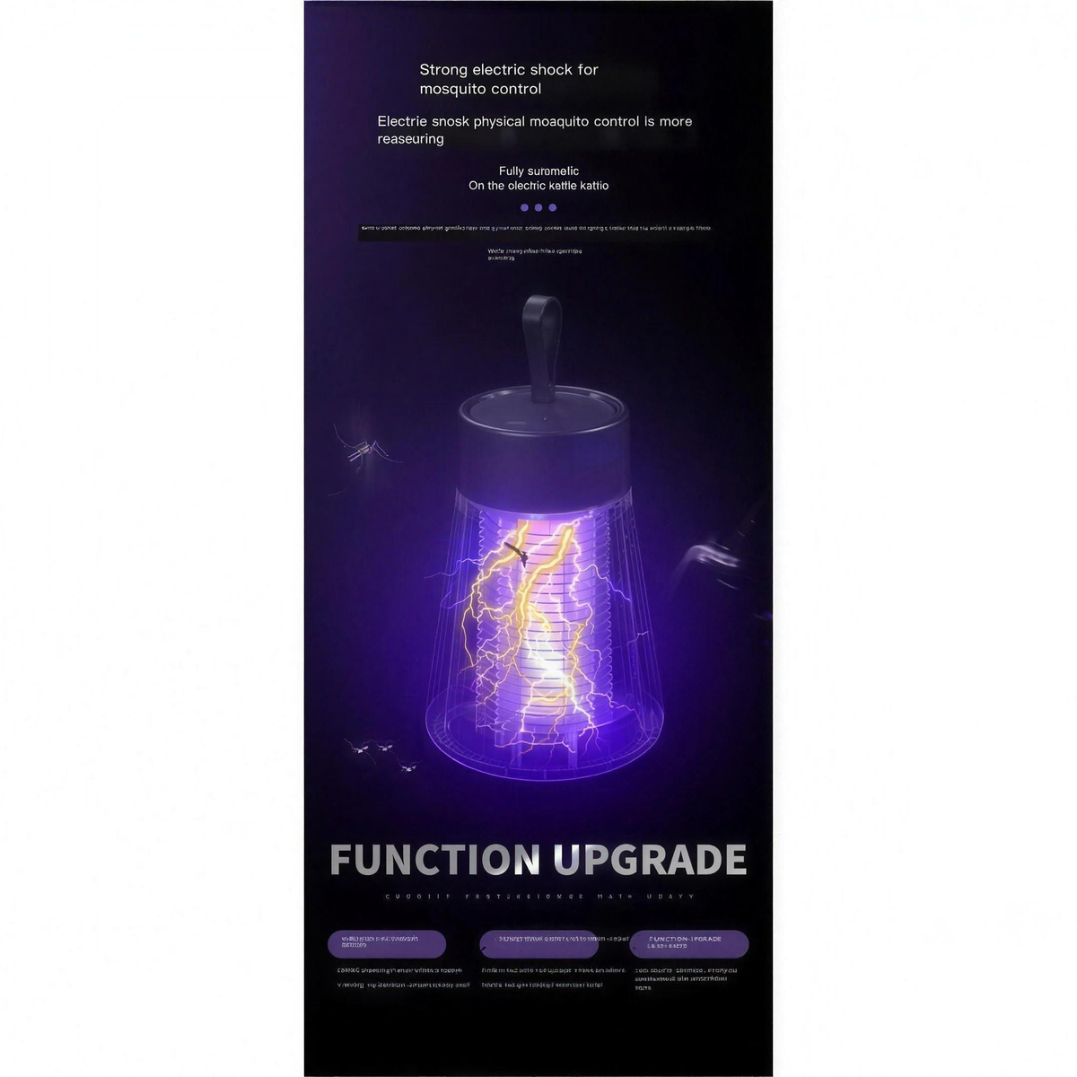 A promotional graphic for an electric mosquito killer device, showing a glowing purple and yellow electric field inside a clear container with a black lid and handle. The design features marketing text such as 'FUNCTION UPGRADE' on a dark background.