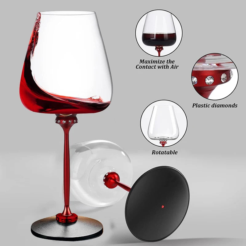 Wine glass with red wine, showing features like contact with air and plastic diamonds on a gray background.