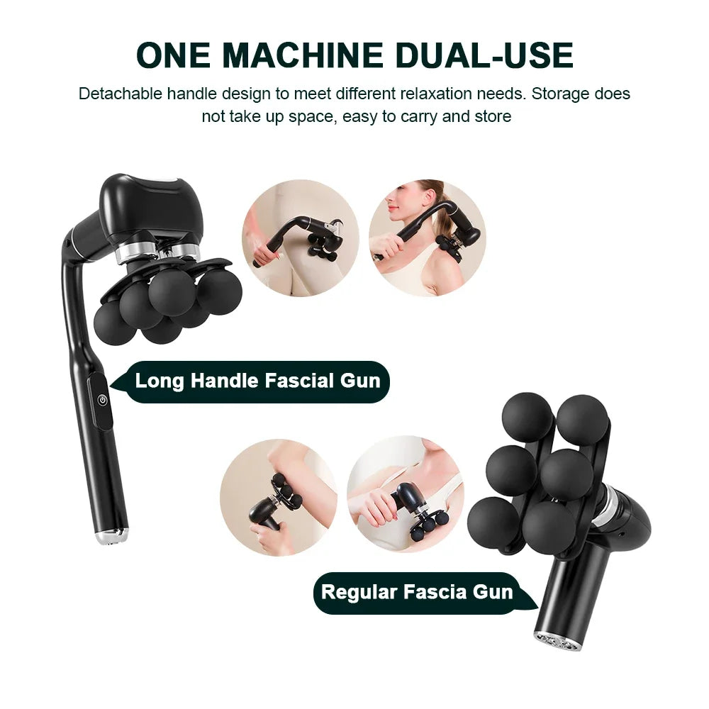 Fascial gun with detachable handle for dual-use on a white background