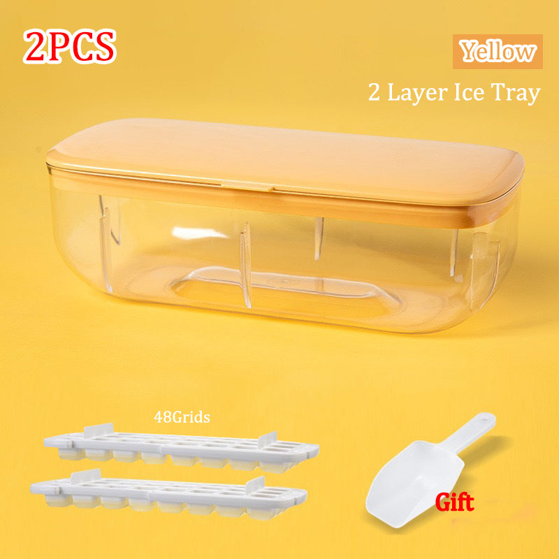Yellow 2-layer ice tray with 48 grids, a white spatula, and text indicating quantity and features on a yellow background.